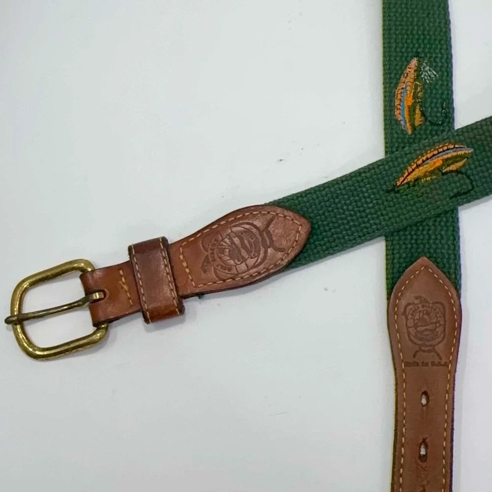 Smathers & Branson Needlepoint Belt Size 40 Green Fishing Lure Leather Canvas